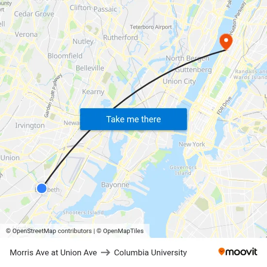 Morris Ave at Union Ave to Columbia University map