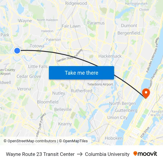 Wayne Route 23 Transit Center to Columbia University map