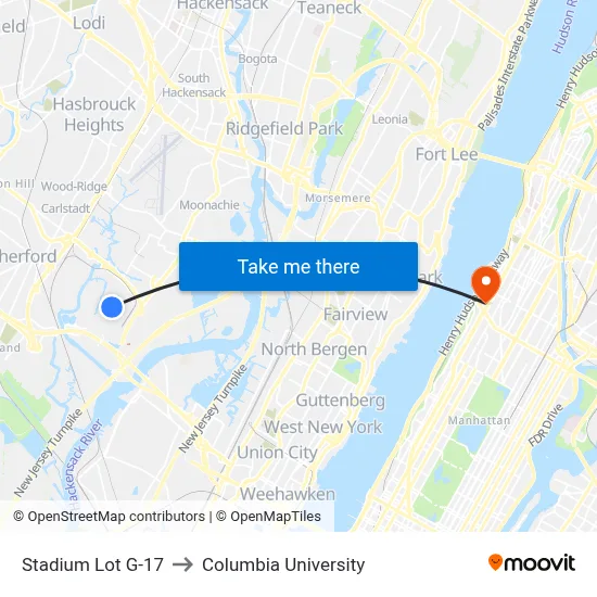 Stadium Lot G-17 to Columbia University map