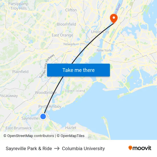 Sayreville Park & Ride to Columbia University map