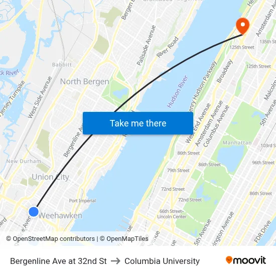 Bergenline Ave at 32nd St to Columbia University map