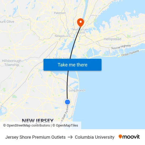 Jersey Shore Premium Outlets to Columbia University map