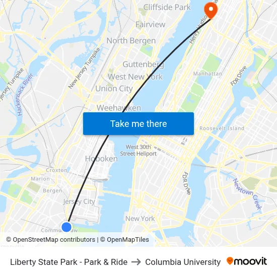 Liberty State Park - Park & Ride to Columbia University map