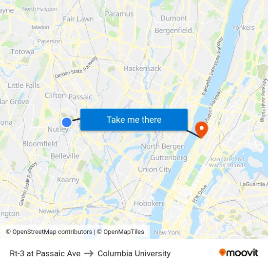 Rt-3 at Passaic Ave to Columbia University map