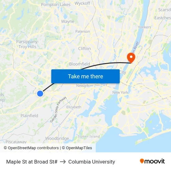 Maple St at Broad St# to Columbia University map