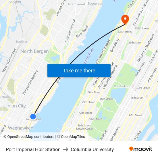Port Imperial Hblr Station to Columbia University map