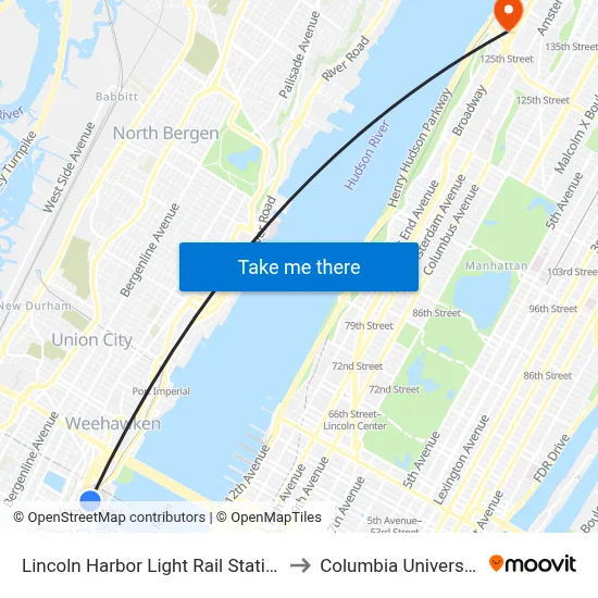 Lincoln Harbor Light Rail Station to Columbia University map