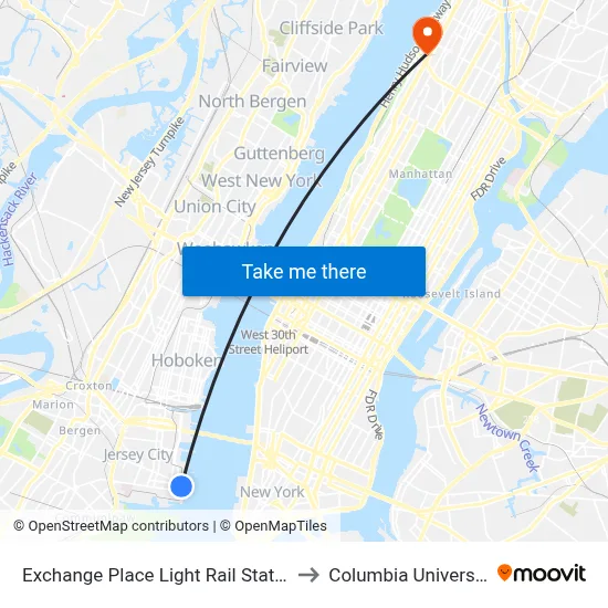 Exchange Place Light Rail Station to Columbia University map