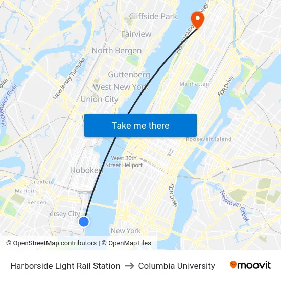 Harborside Light Rail Station to Columbia University map