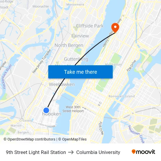 9th Street Light Rail Station to Columbia University map