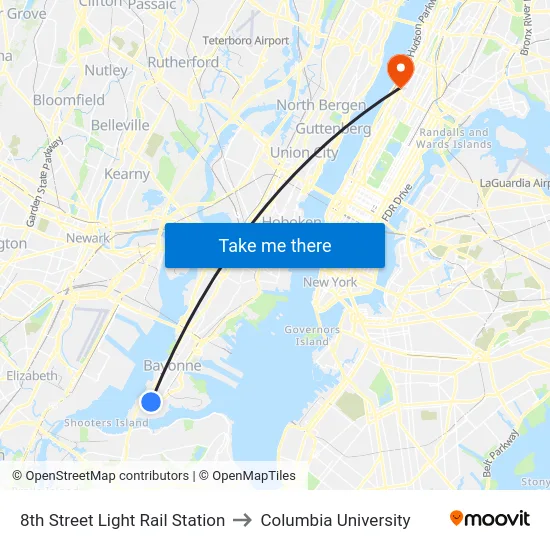 8th Street Light Rail Station to Columbia University map