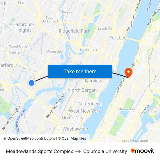 Meadowlands Sports Complex to Columbia University map