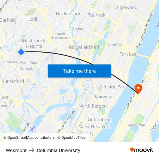 Wesmont to Columbia University map