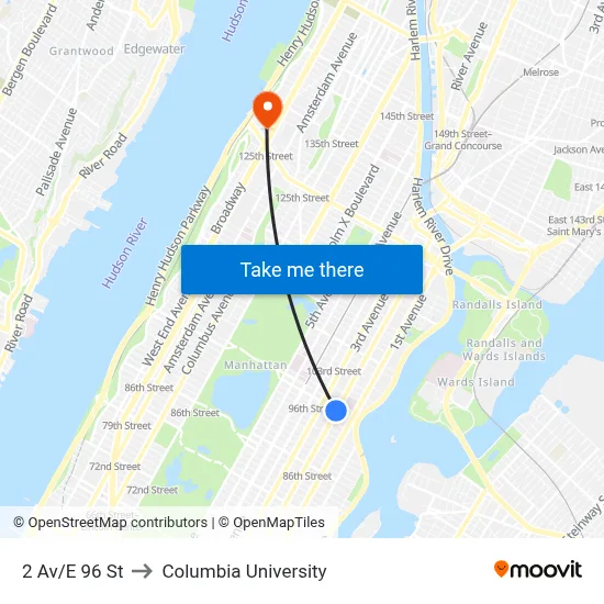 2 Av/E 96 St to Columbia University map