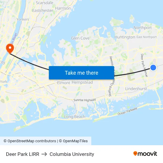 Deer Park LIRR to Columbia University map