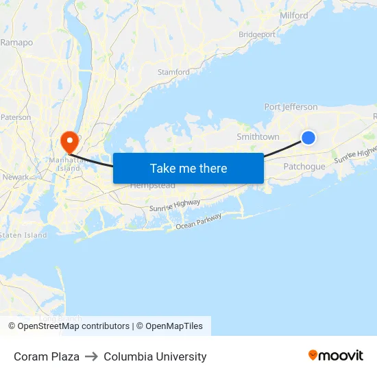 Coram Plaza (52a) to Columbia University map