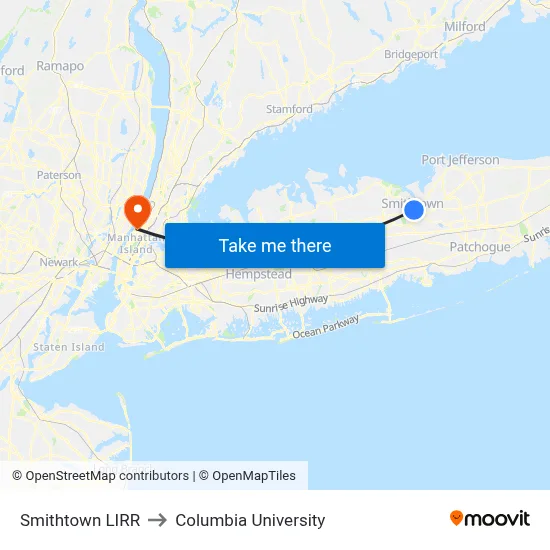 Smithtown LIRR to Columbia University map