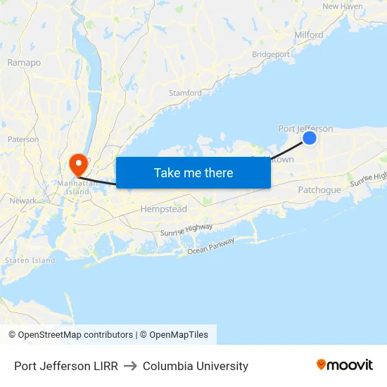 Port Jefferson LIRR to Columbia University map