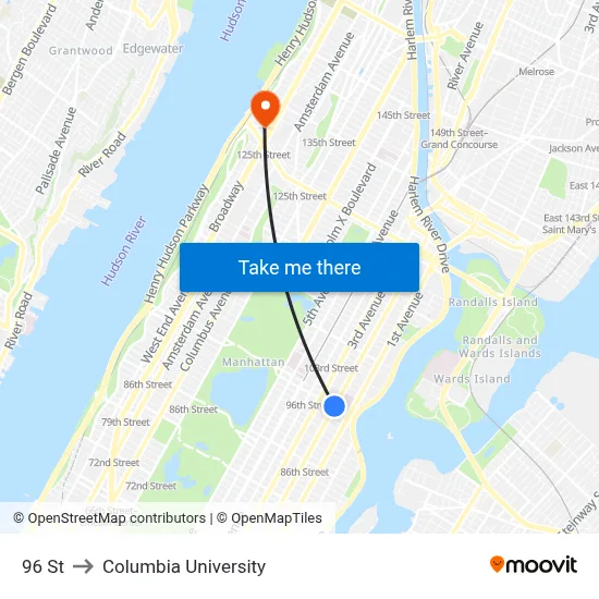 96 St to Columbia University map