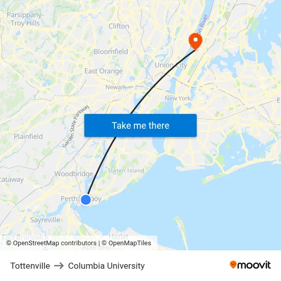 Tottenville to Columbia University map