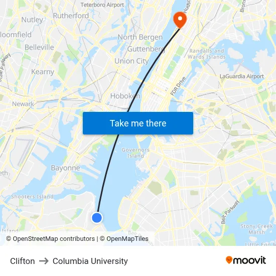 Clifton to Columbia University map