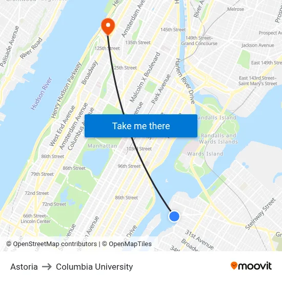 Astoria to Columbia University map