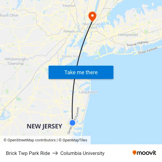 Brick Twp Park Ride to Columbia University map