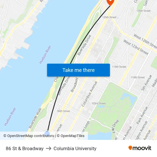 86 St & Broadway to Columbia University map