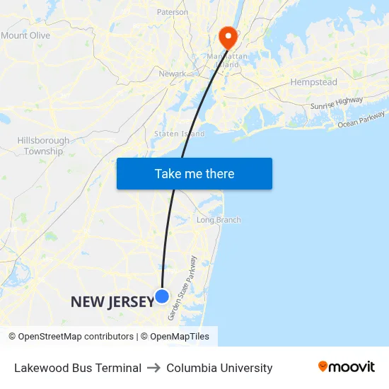 Lakewood Bus Terminal to Columbia University map
