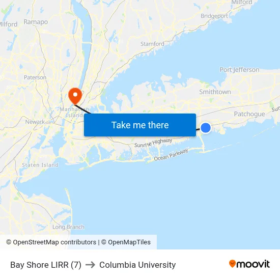 Bay Shore LIRR (7) to Columbia University map