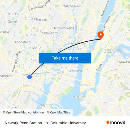 Newark Penn Station to Columbia University map