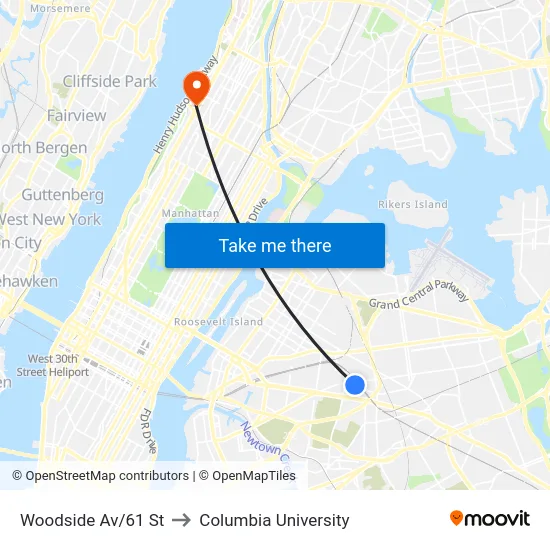 Woodside Av/61 St to Columbia University map