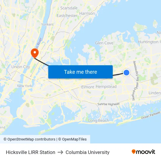 Hicksville LIRR Station to Columbia University map