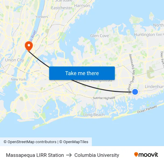 Massapequa LIRR Station to Columbia University map