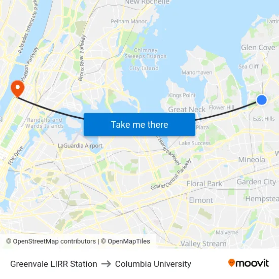 Greenvale LIRR Station to Columbia University map