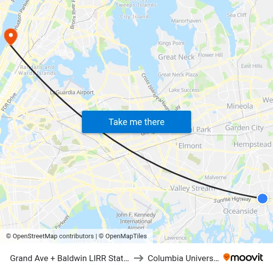 Grand Ave + Baldwin LIRR Station to Columbia University map
