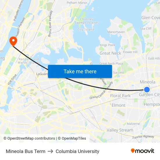 Mineola Bus Term to Columbia University map