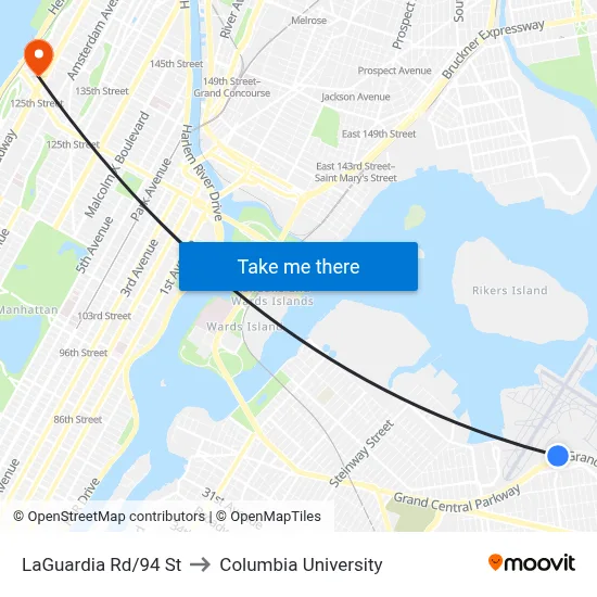 LaGuardia Rd/94 St to Columbia University map
