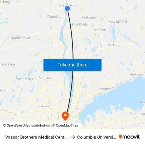 Vassar Brothers Medical Center to Columbia University map