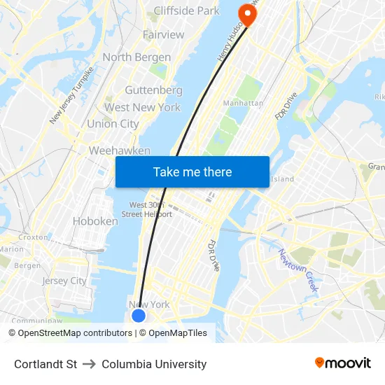 Cortlandt St to Columbia University map