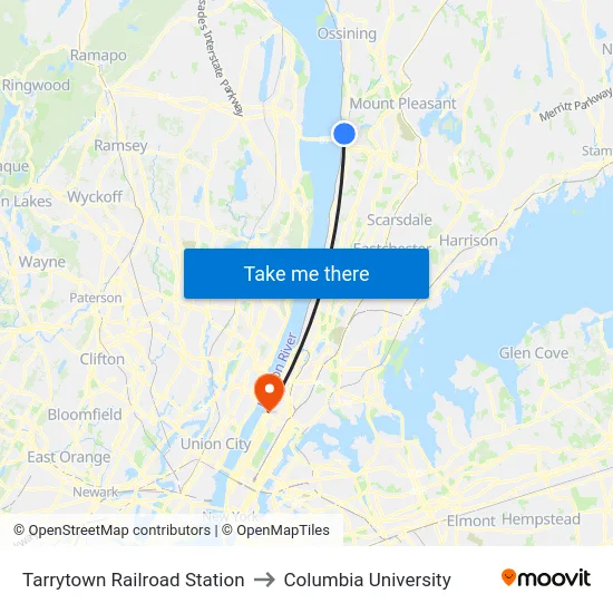 Tarrytown Railroad Station to Columbia University map