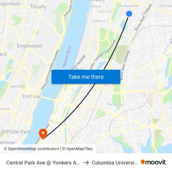 Central Park Ave @ Yonkers Ave to Columbia University map