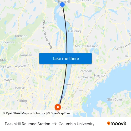 Peekskill Railroad Station to Columbia University map