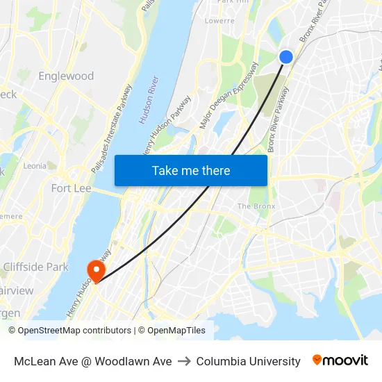 McLean Ave @ Woodlawn Ave to Columbia University map