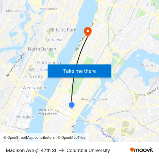 Madison Ave @ 47th St to Columbia University map