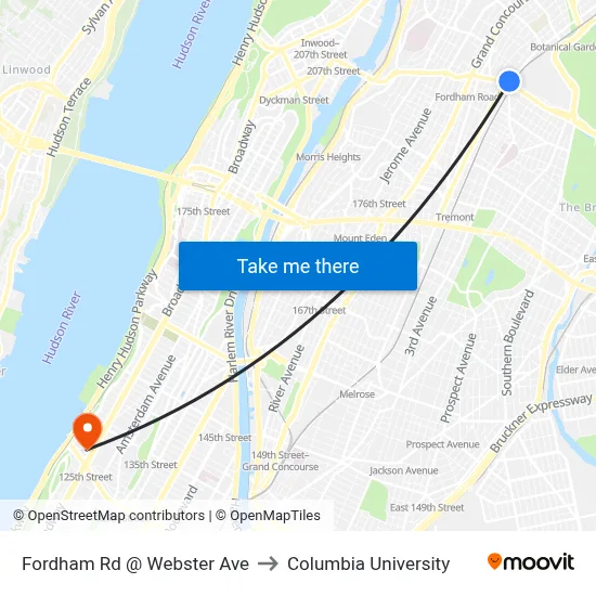 Fordham Rd @ Webster Ave to Columbia University map