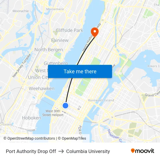 Port Authority Drop Off to Columbia University map