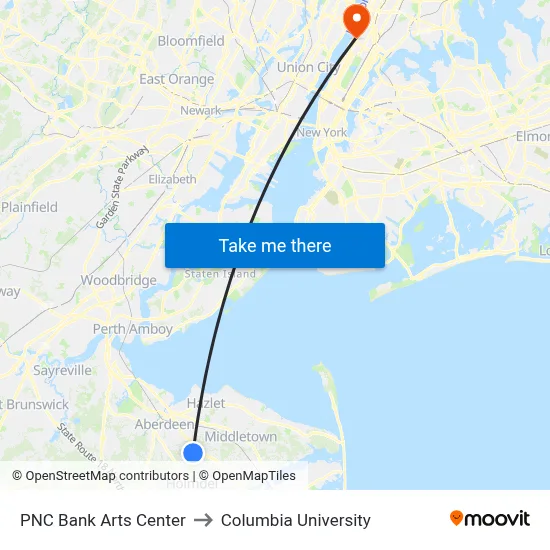 PNC Bank Arts Center to Columbia University map