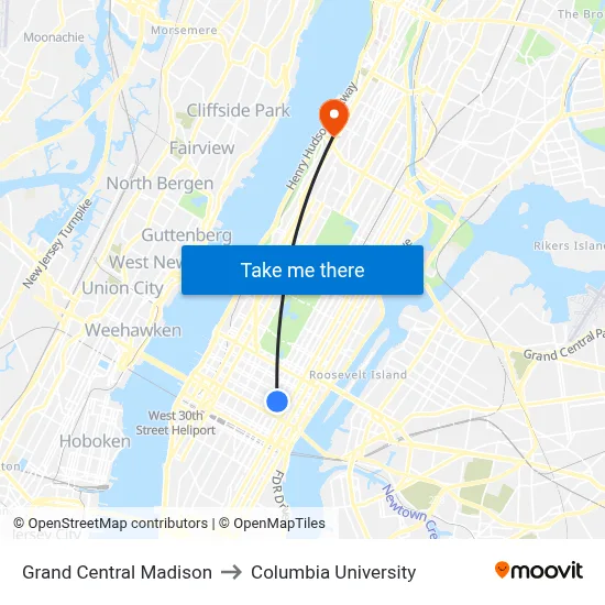 Grand Central Madison to Columbia University map
