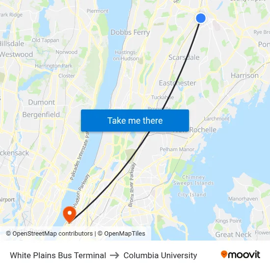 White Plains Bus Terminal to Columbia University map